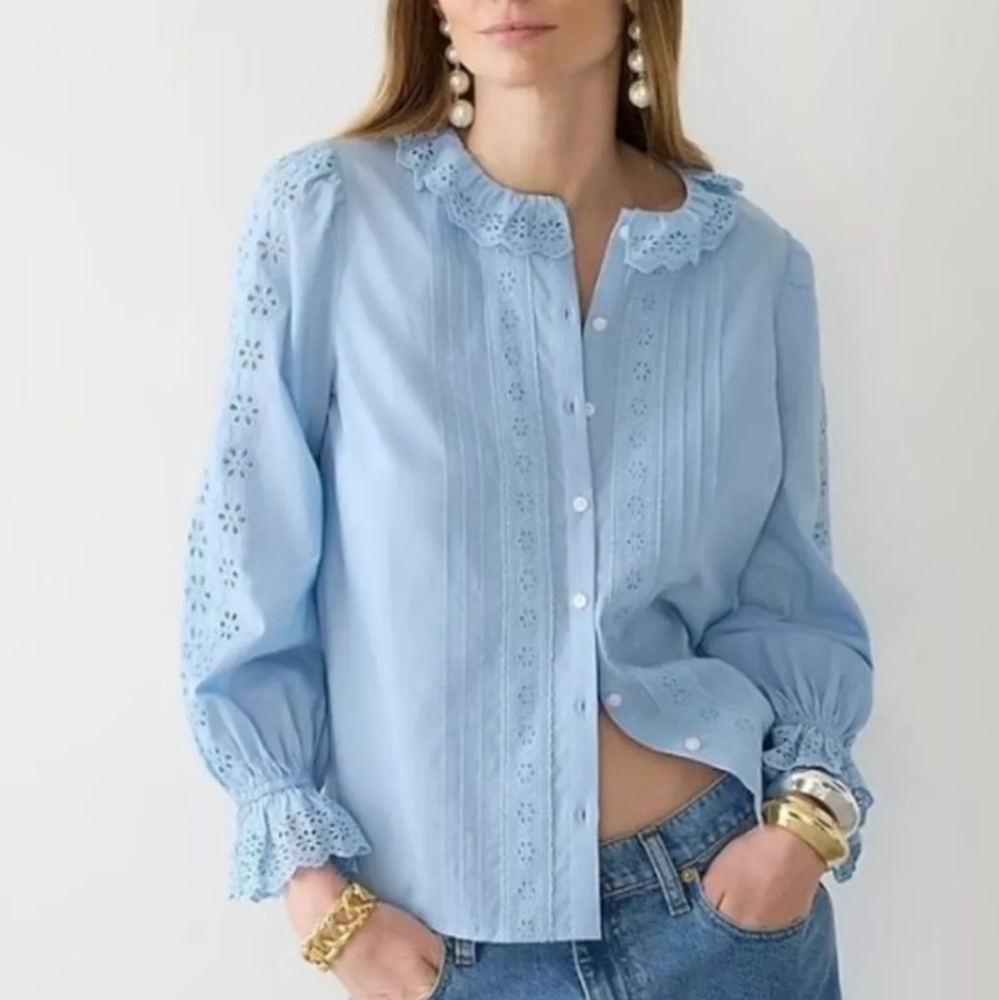 J.Crew Eyelet-Trim Button Up Shirt Frozen Lake Color